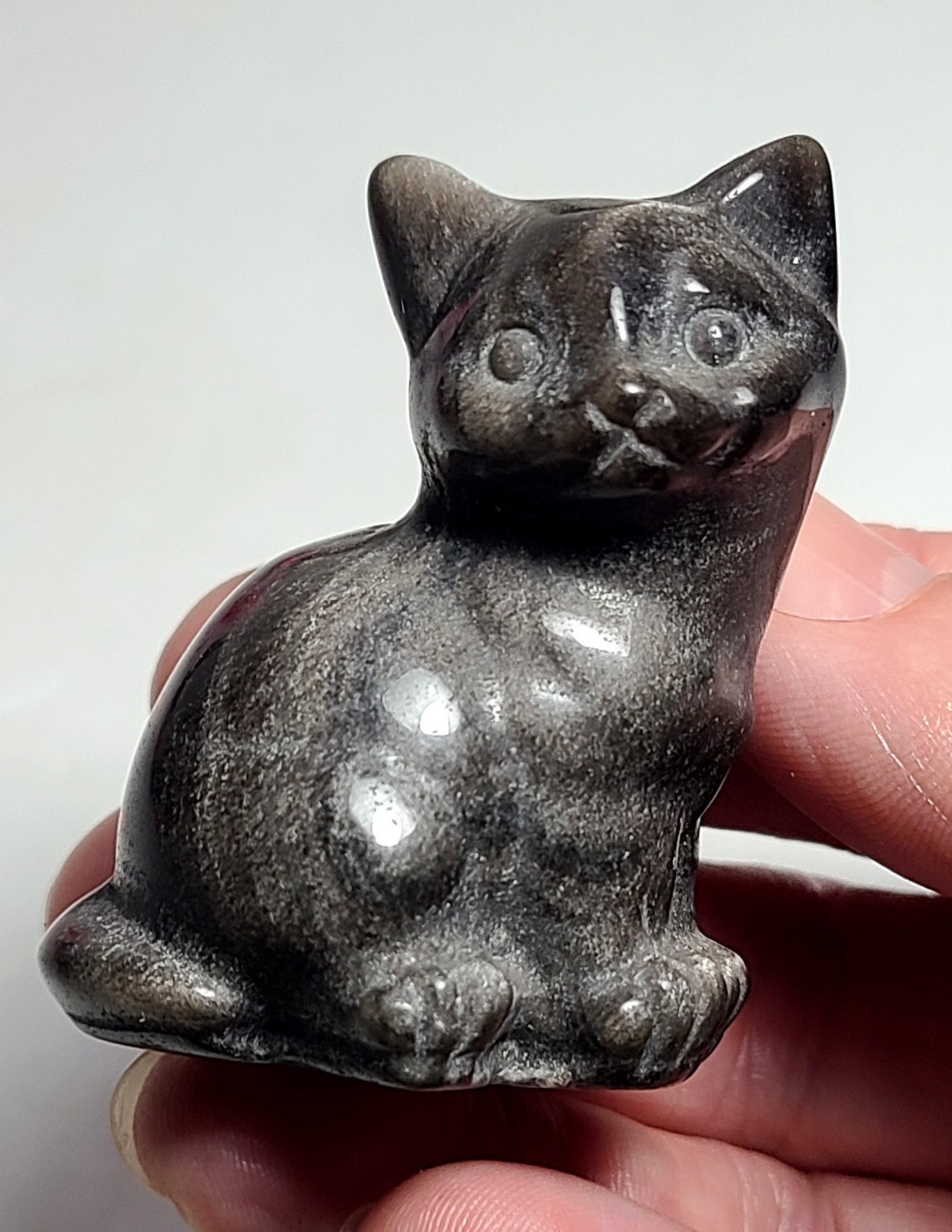 2″ 54g Adorable Silver Sheen Obsidian Sitting Cat Crystal Stone Carving Statue