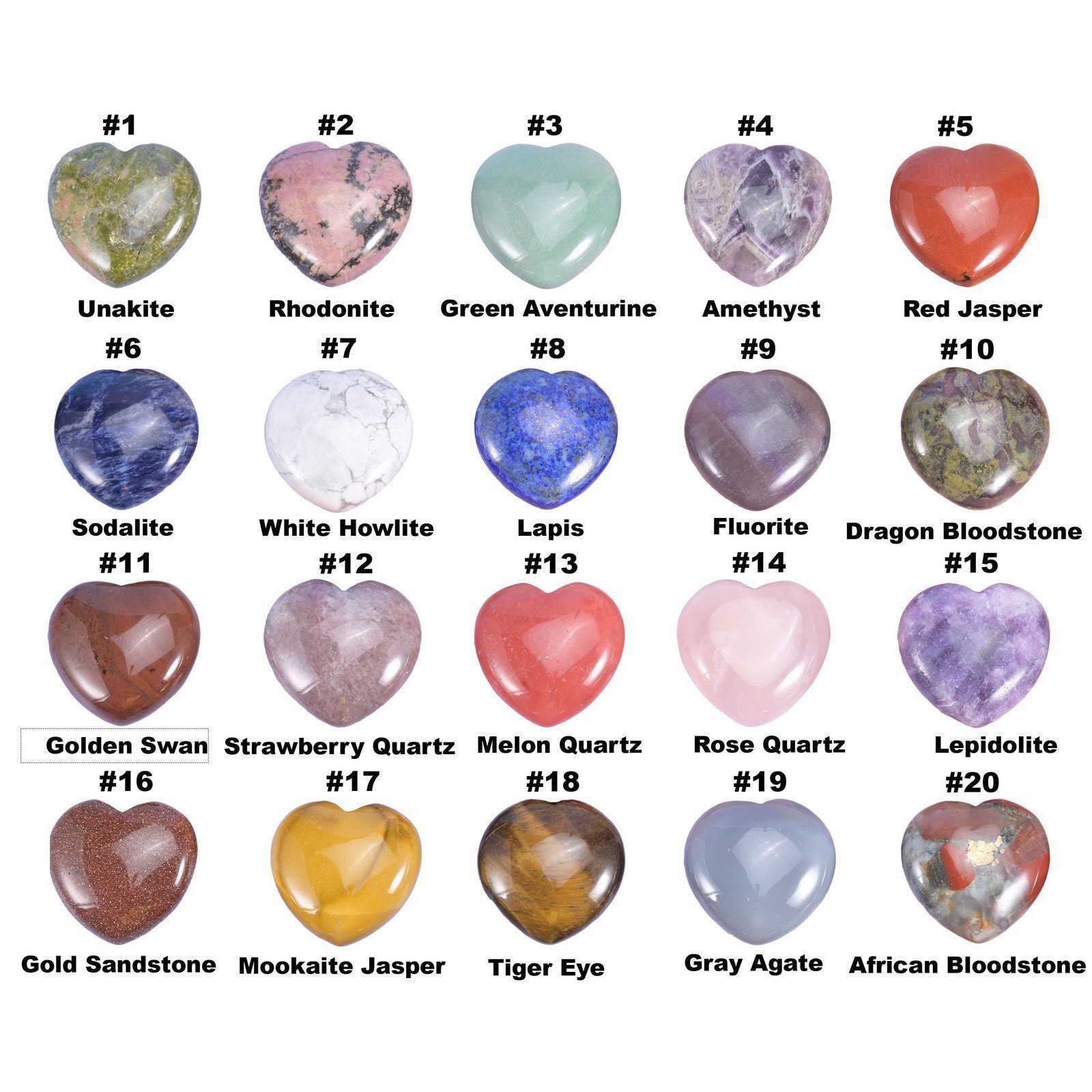40mm Gemstone Heart Polished Healing Crystal Heart Pocket Stone