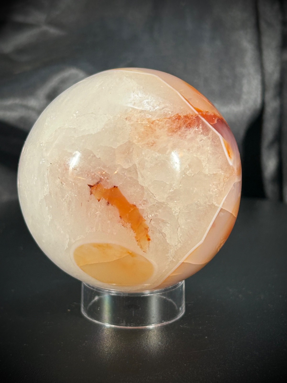 2.6″ Carnelian And Quartz Sphere With Acrylic Stand 14.3oz (405 grams)