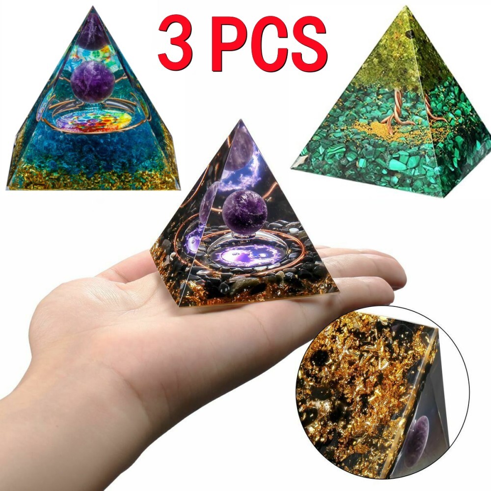 3PC Amethyst Crystal Sphere Orgonite Pyramid Obsidian Chakra Energy Orgone Stone