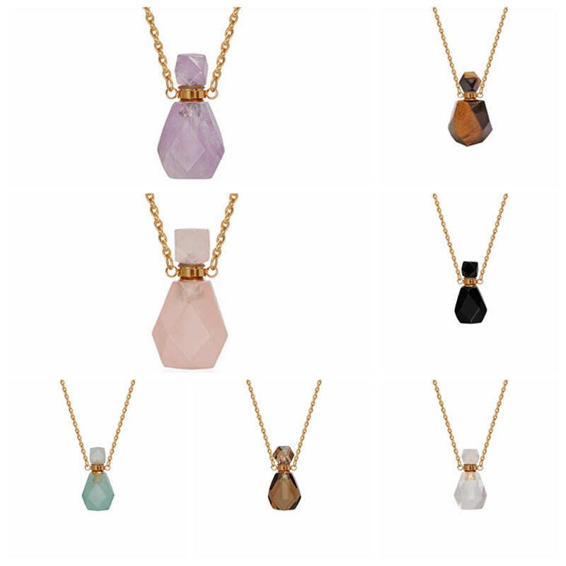 Natural Quartz Gemstone Perfume Bottles Pendant Chakra Healing Crystal Necklace