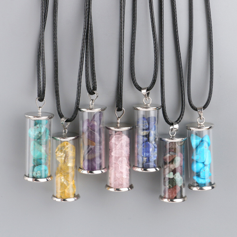 1PC Wishing Bottle 7 Chakra Crystal Pendulum Natural Chip Stone Pendant Necklace