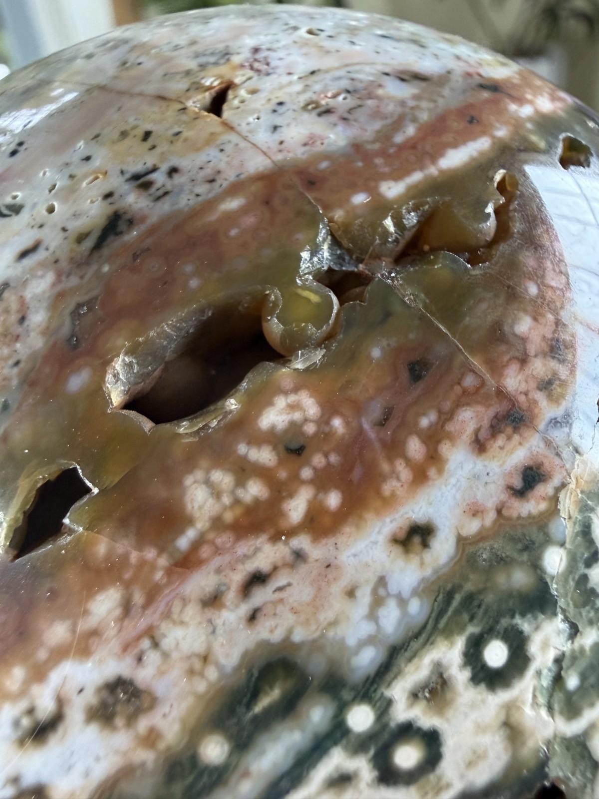 8th Vein Ocean Jasper Sphere – Druzy Pockets – Green, Pink, White – 3.69lbs