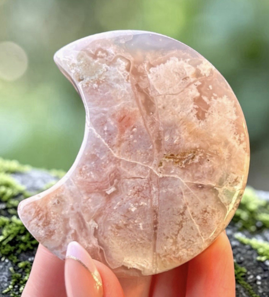 Pink Flower Agate Crescent Moon Set Aura Rose Quartz Heart Crystal Bundle 4pc
