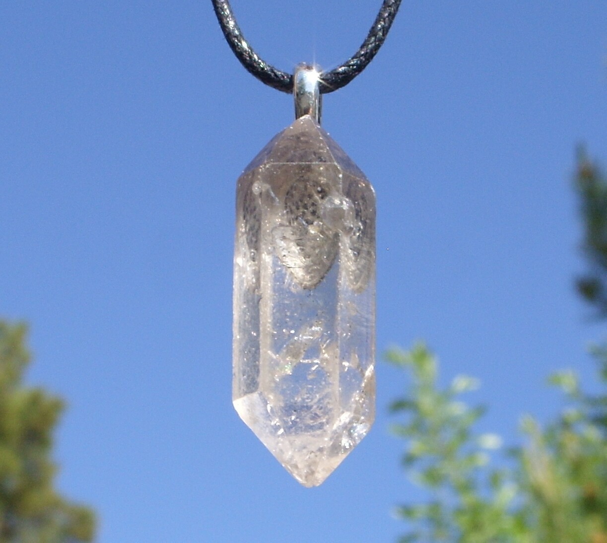 Tibetan Black Quartz Crystal Point Free Form Stone Pendant Necklace Double Term
