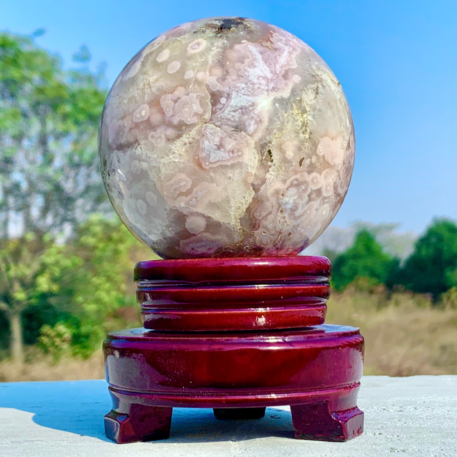 1.92LB Natural Pink Cherry Blossom Agate Geode Quartz Sphere Crystal Energy Ball