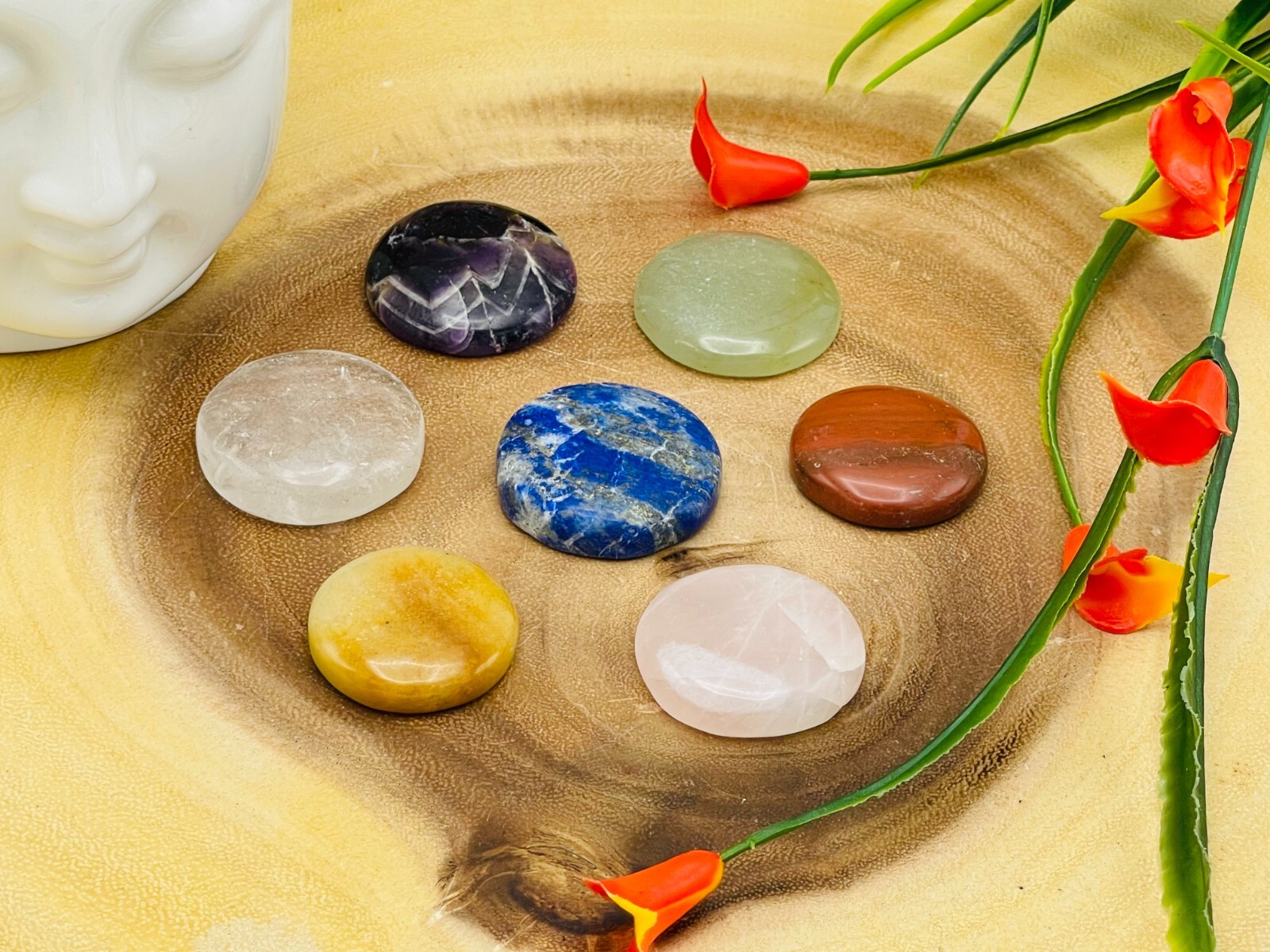 7 Chakra Round Palm Stone Set, Polished Smooth Pocket Stones with Velvet Pouch