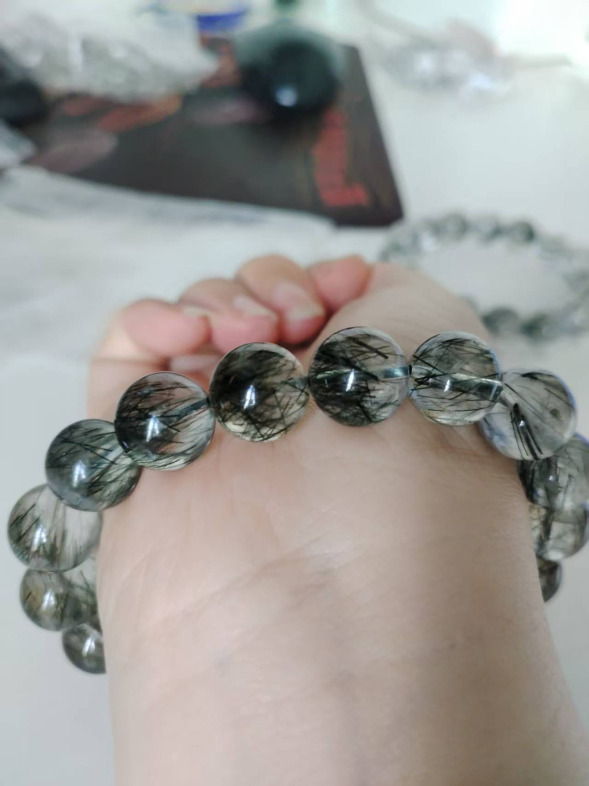 Natural rare Green Rutilated Quartz round Bracelet Adult Collectibles