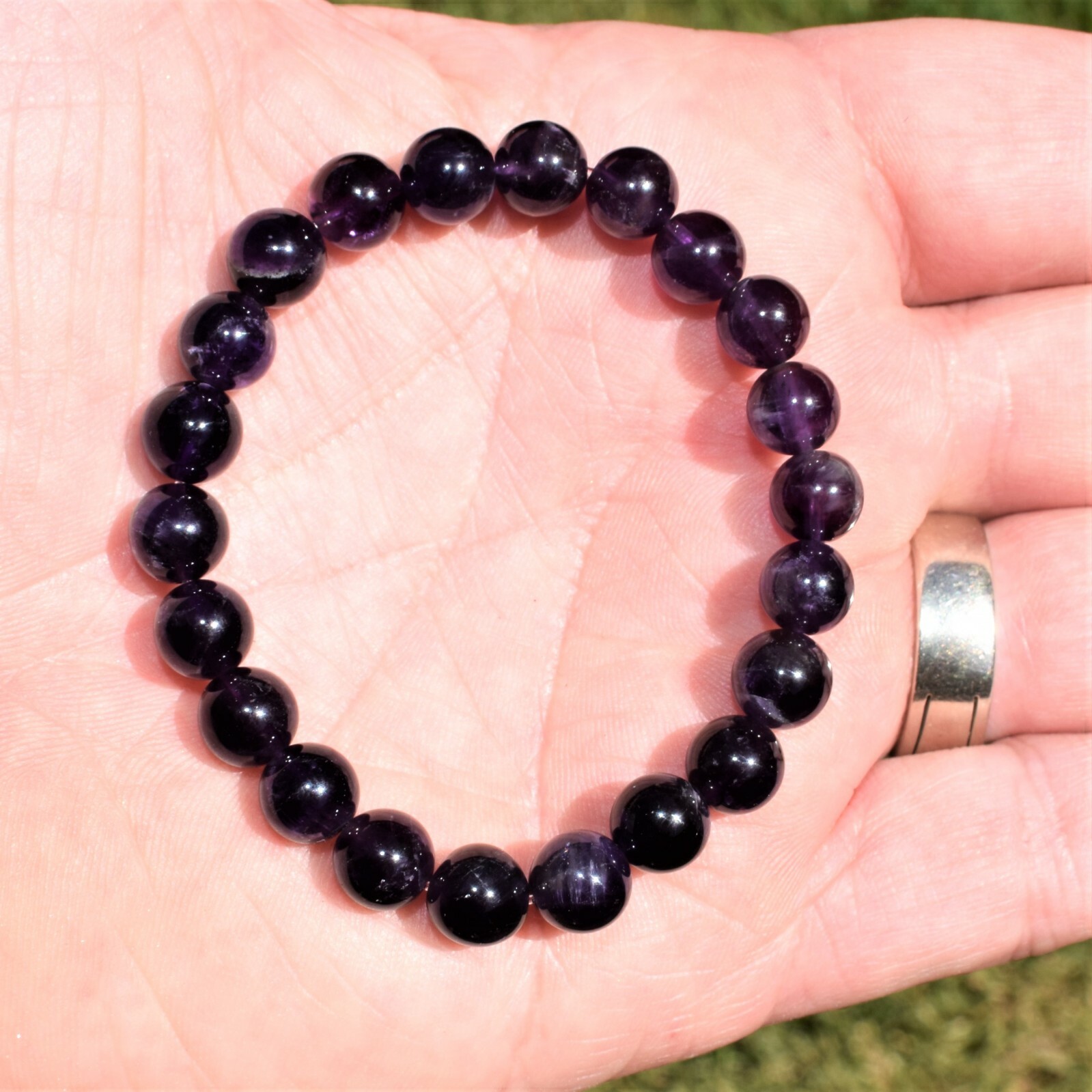 CHARGED Dark Amethyst Crystal 8mm Bead Stretchy Bracelet + Selenite Heart