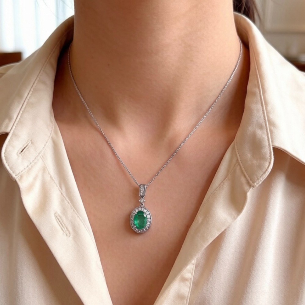 Natural emerald Pendant Necklace Gemstone Jewelry S925 Silver Plated 18K Gold