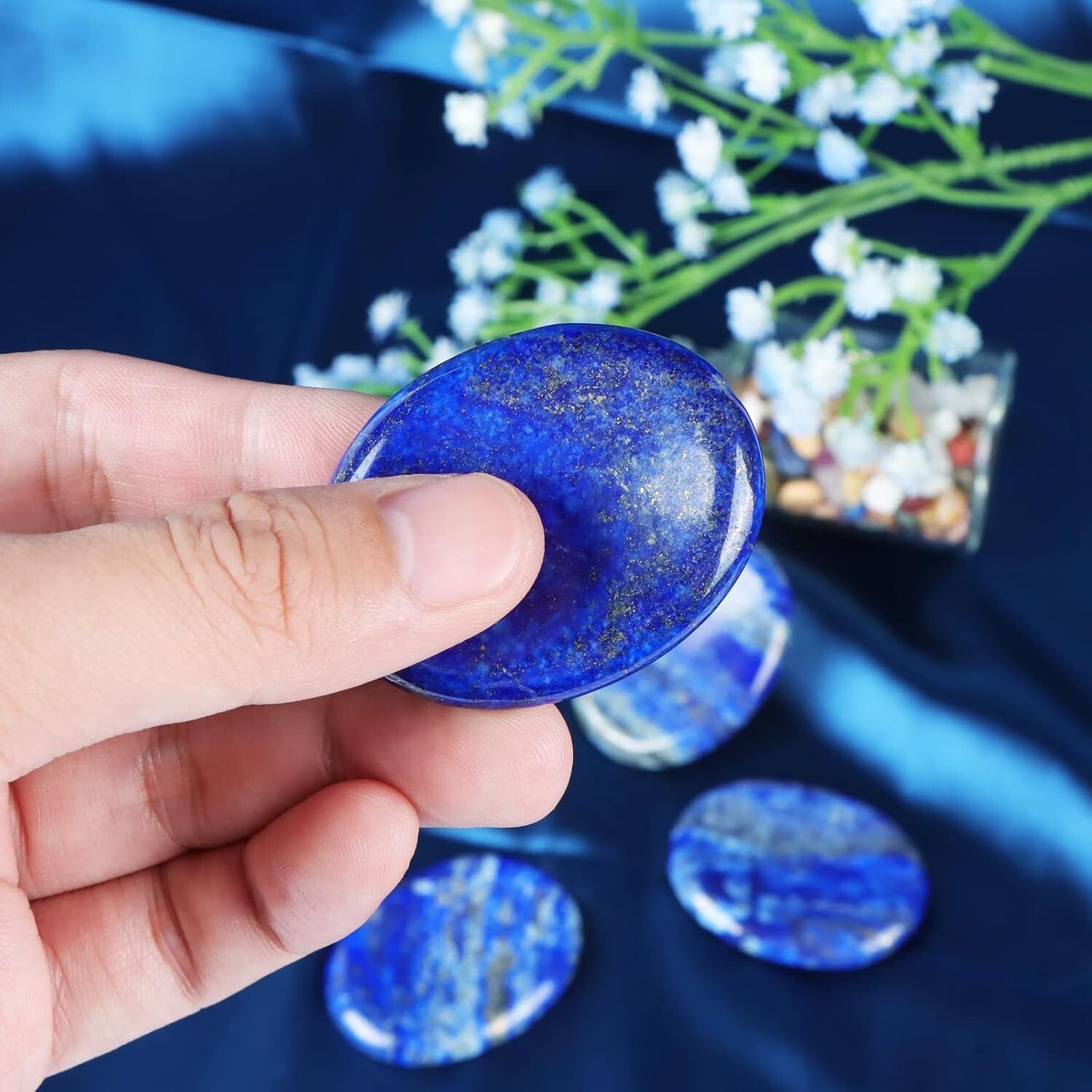 Natural Lapis Lazuli Palm Worry Stone Oval Polished Healing Crystal Pocket Stone