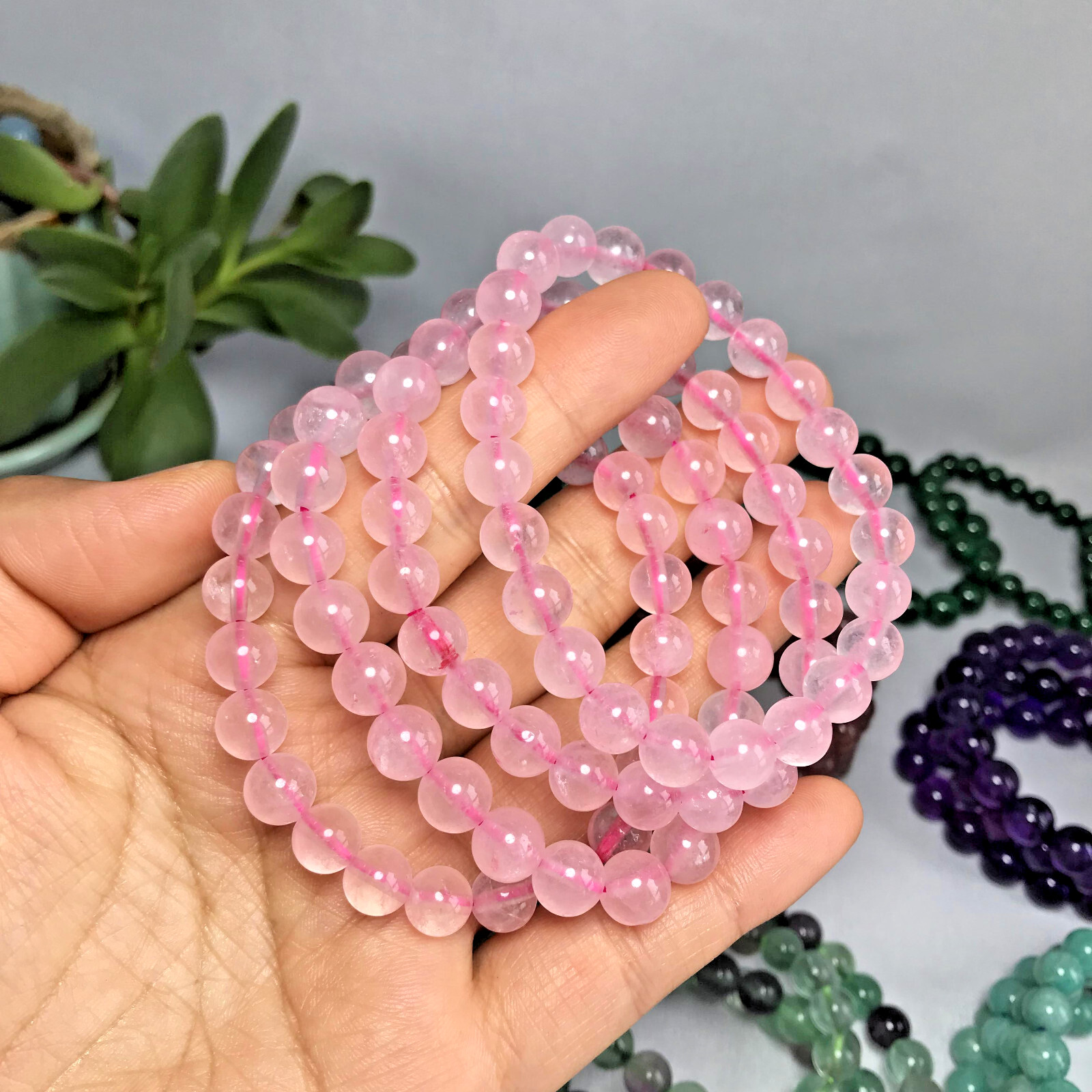 5pcs wholesale Natural pink Crystal rose Quartz chain beads bracelet 8mm