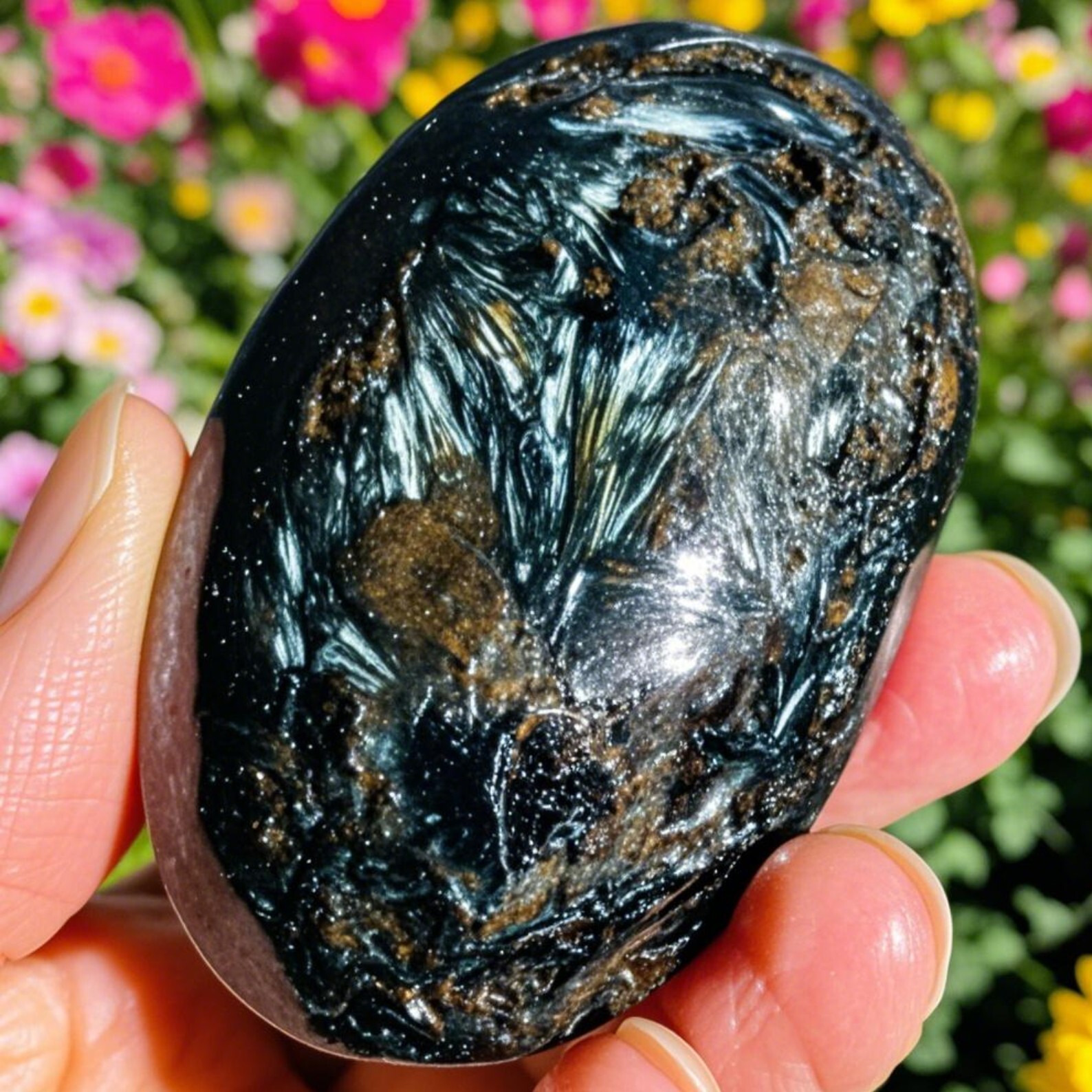 Arfvedsonite Palm Stone Polished Flashy Worry Stone Reiki Crystal Healing Gift