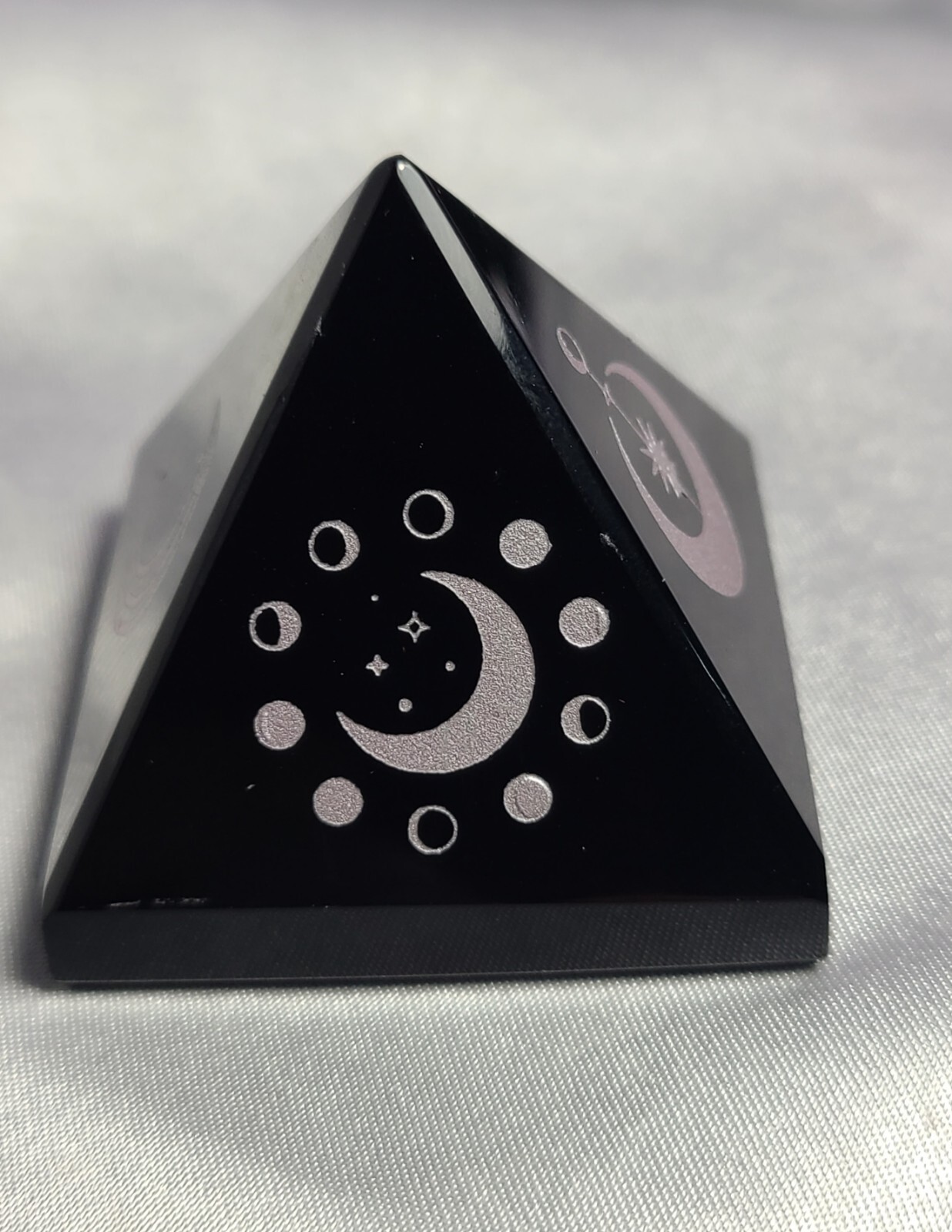 1.7″ Black Obsidian Sphere Crystal Pyramid Silver Engraved Moon & Stars Wiccan