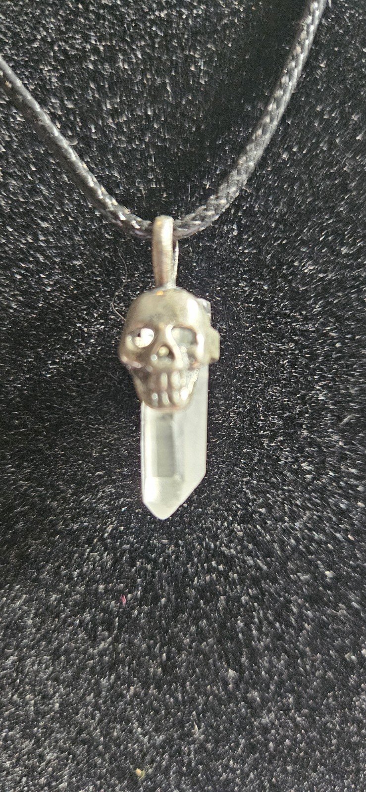 Sterling Silver Skull On A Natural Quartz Crystal With Cord