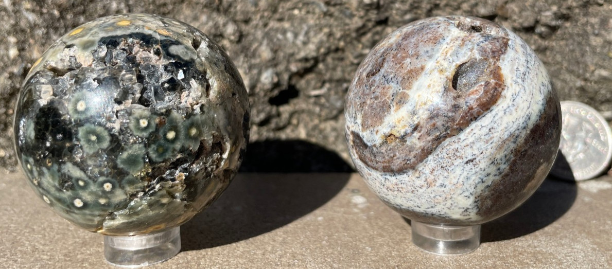 246g LOT 2 OJ OCEAN JASPER SPHERES SPARKLY DRUZY VUGS Kabamby SPHERE ORB ORBS