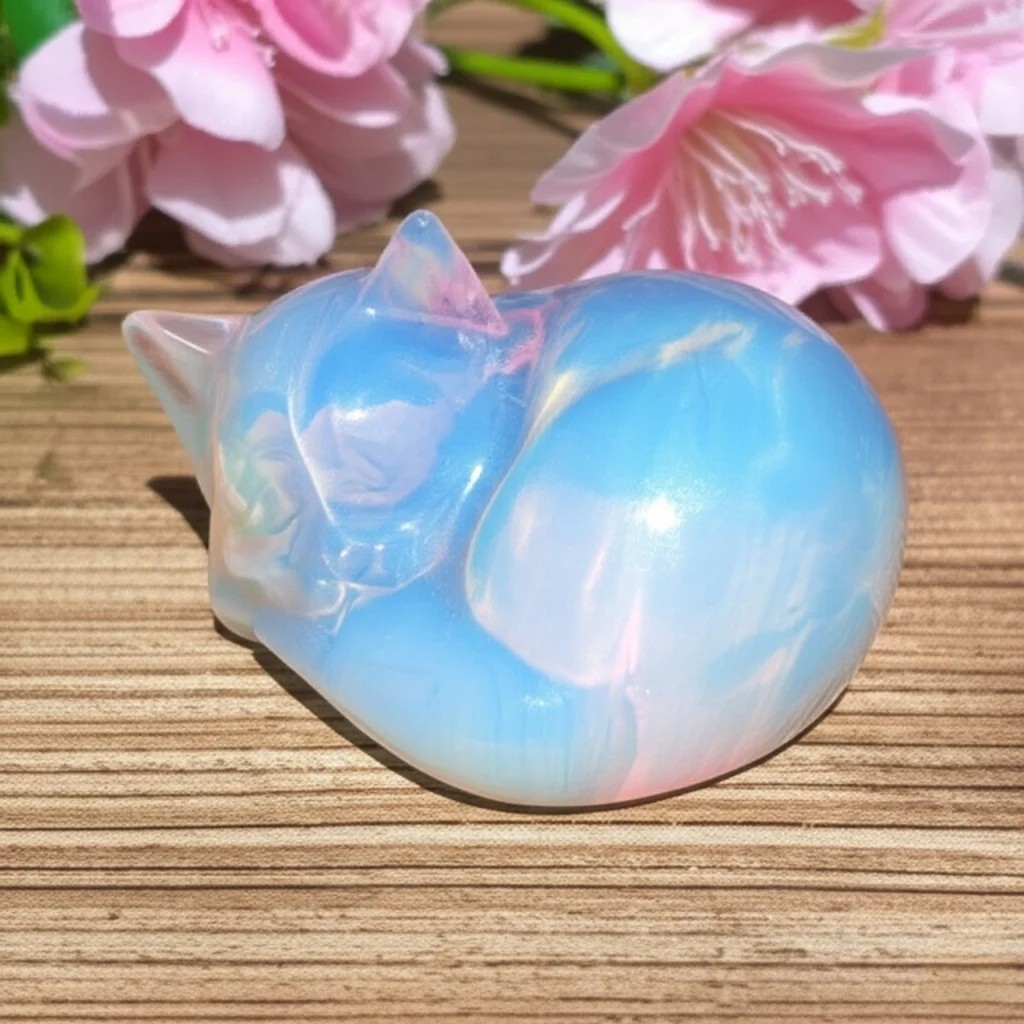 Natural Opalite Sleeping Cat Hand Carved Quartz Crystal Healing Home Decor Gift