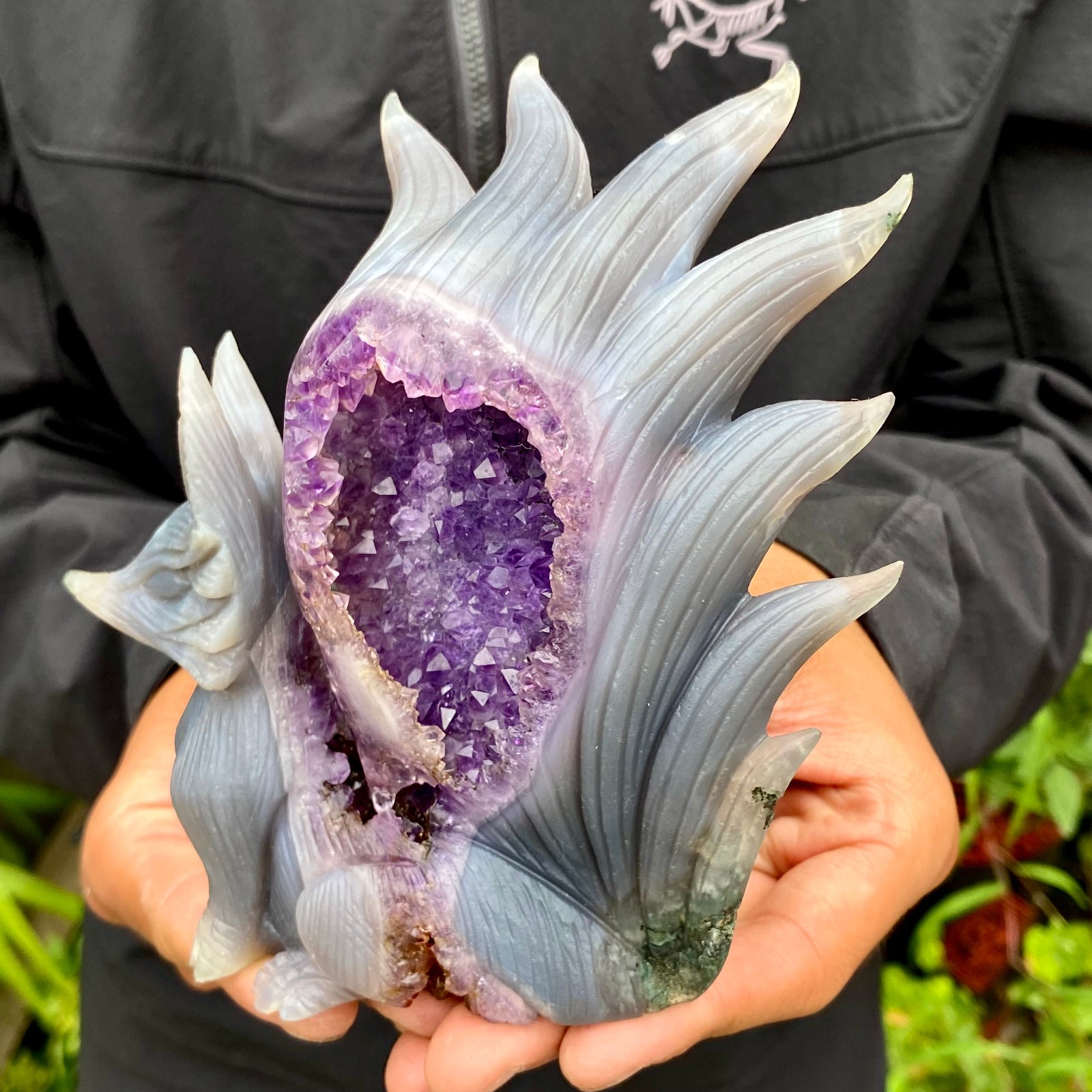 1.49LB Natural Agate Geode Hand Carved Nine-tailed Fox Quartz Crystal Decor