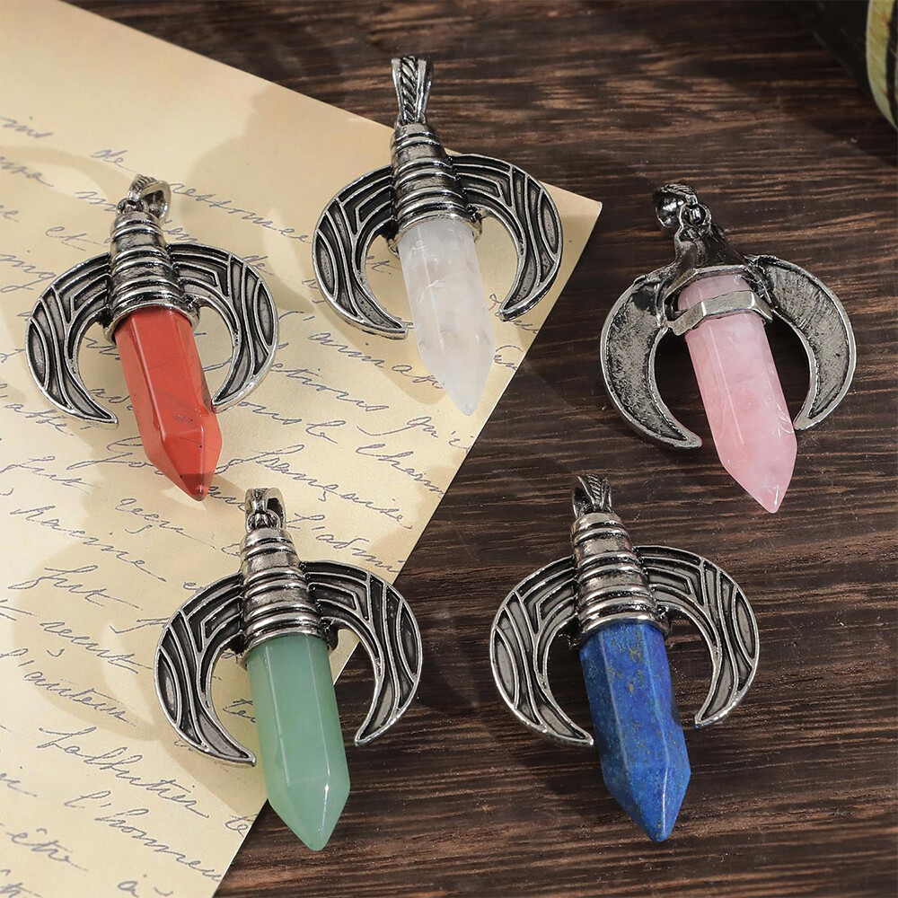 Natural Crystal Quartz Hexagon Crescent Moon OxHorn Pendant Cowhorn Men Jewelry