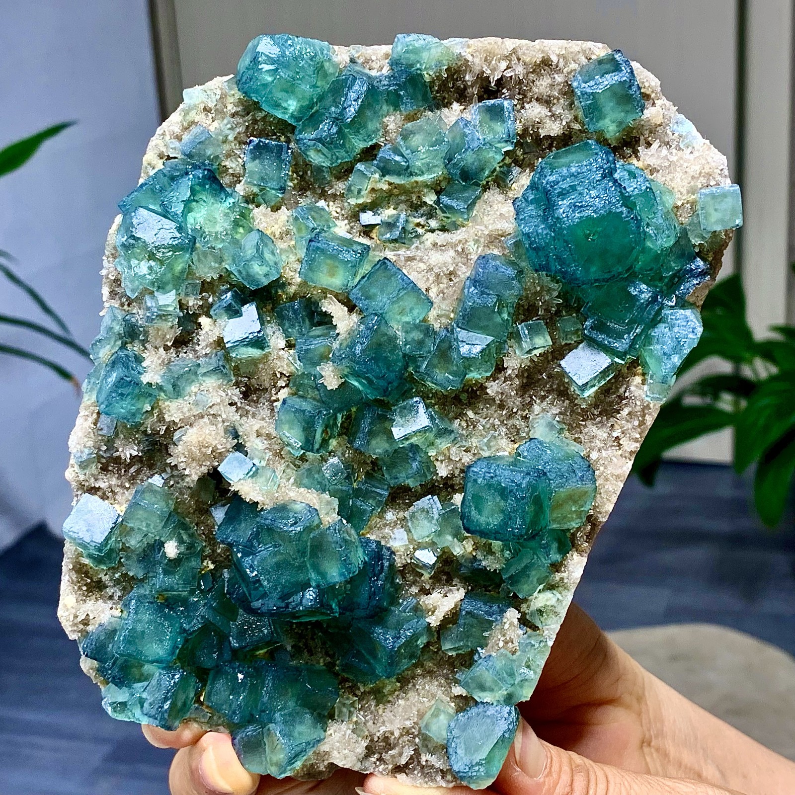 1.92LB Rare transparent green cubic fluorite mineral crystal sample/China