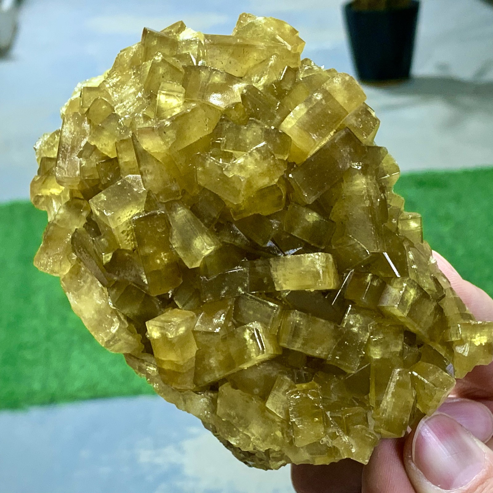 1.87LB Shiny Golden Cuboid Barite Crystal Based on the Purple Spherical Fluorite