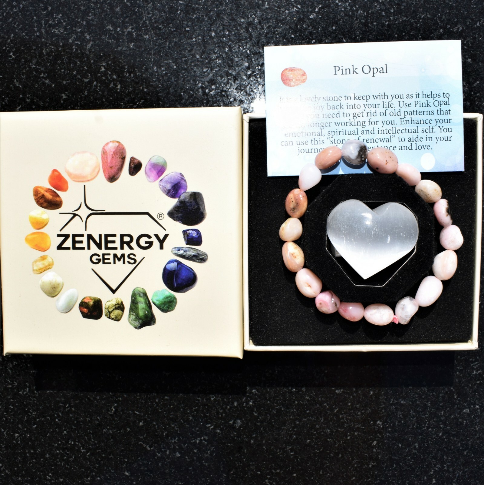 Charged Natural Pink Opal Crystal Nugget Bracelet + Baby Selenite Puffy Heart