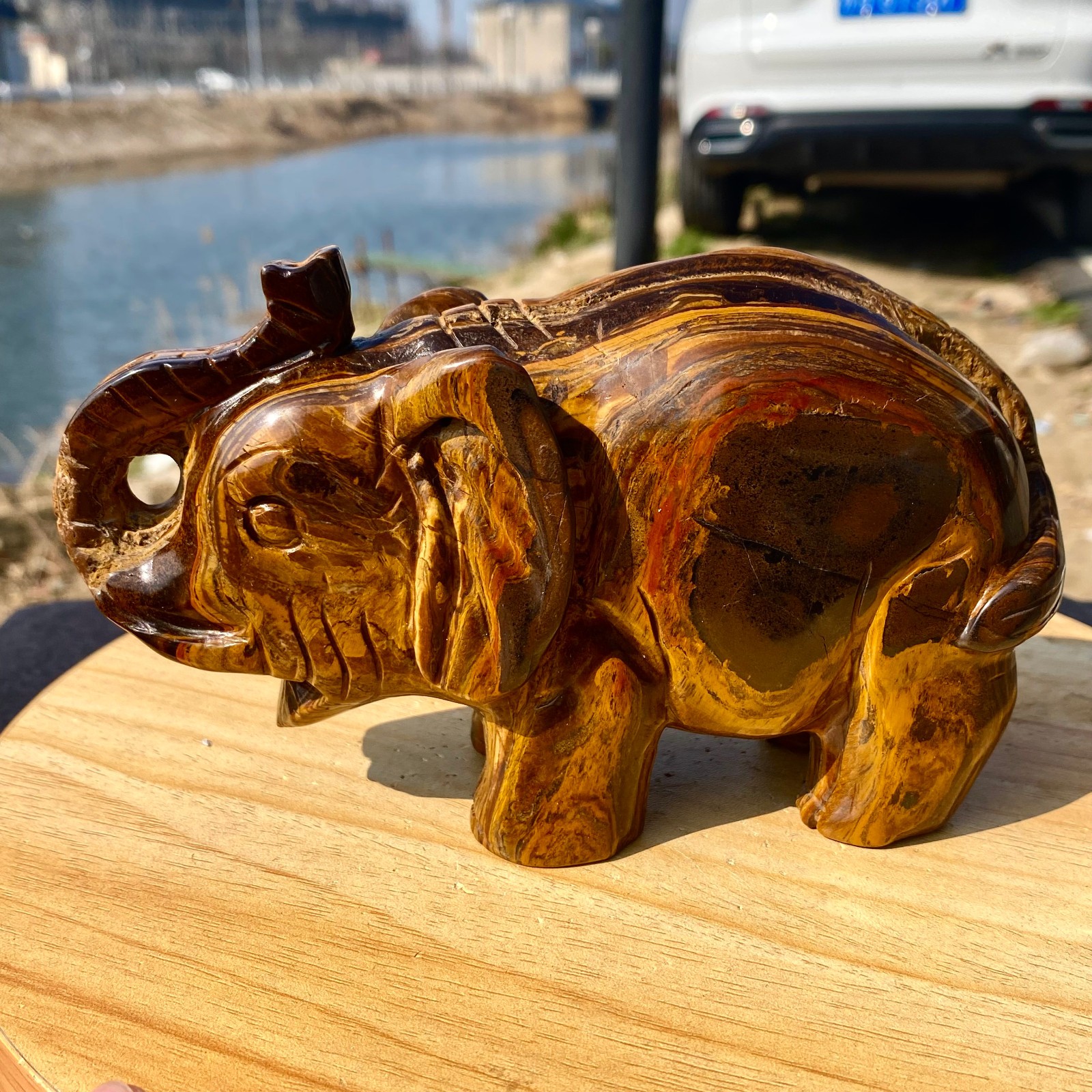 2.97LB Natural Tiger’s Eye Hand Carved Elephant Statue Reiki Healing Crystal