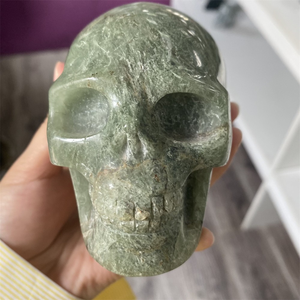 1.7LB 4″Natural A+Green Rutiled Quartz Skull Statue Crystal Reiki Carving Decor