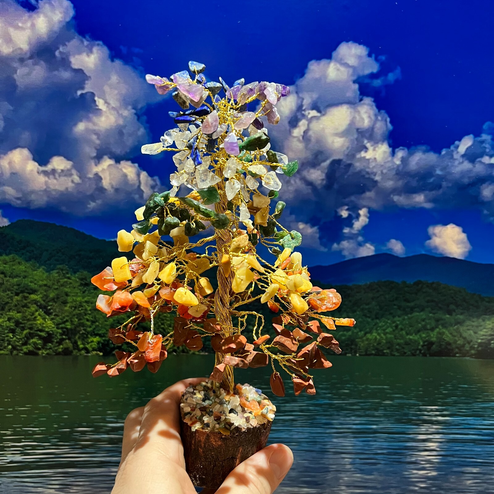 LARGE 7 Chakra Crystal Gemstone Bonsai Money Tree Good Luck Prosperity FengShui