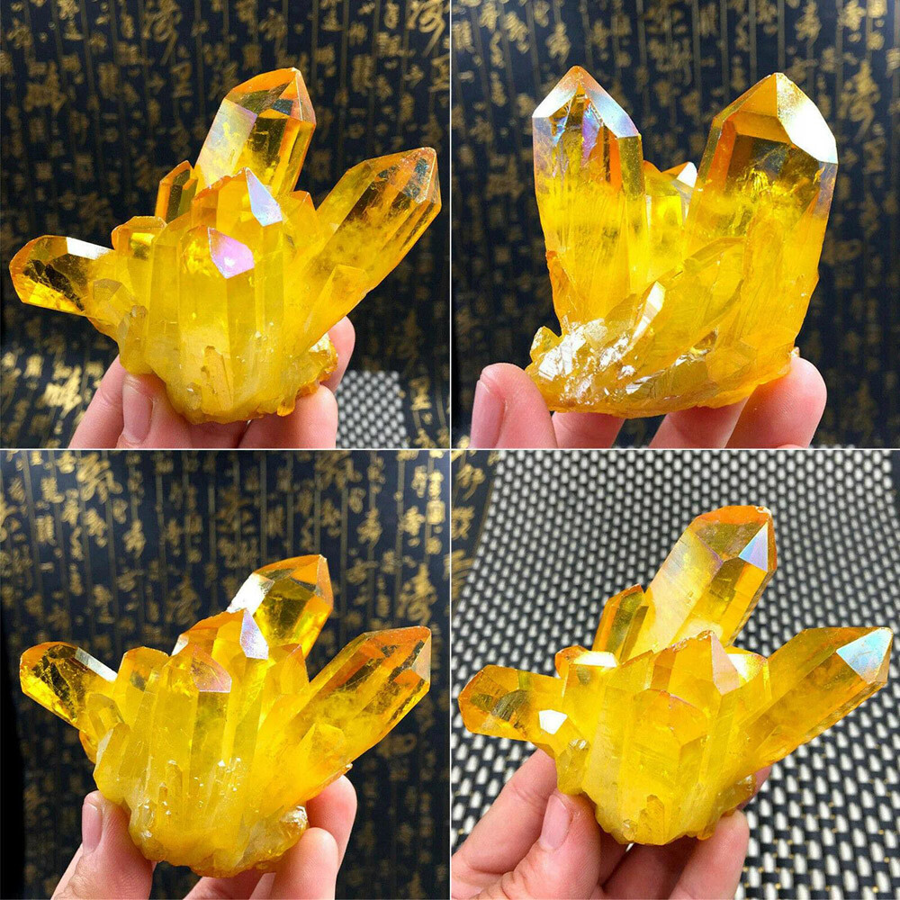 Natural Aura Yellow Citrine Crystal Titanium Cluster Healing Mineral Specimen US