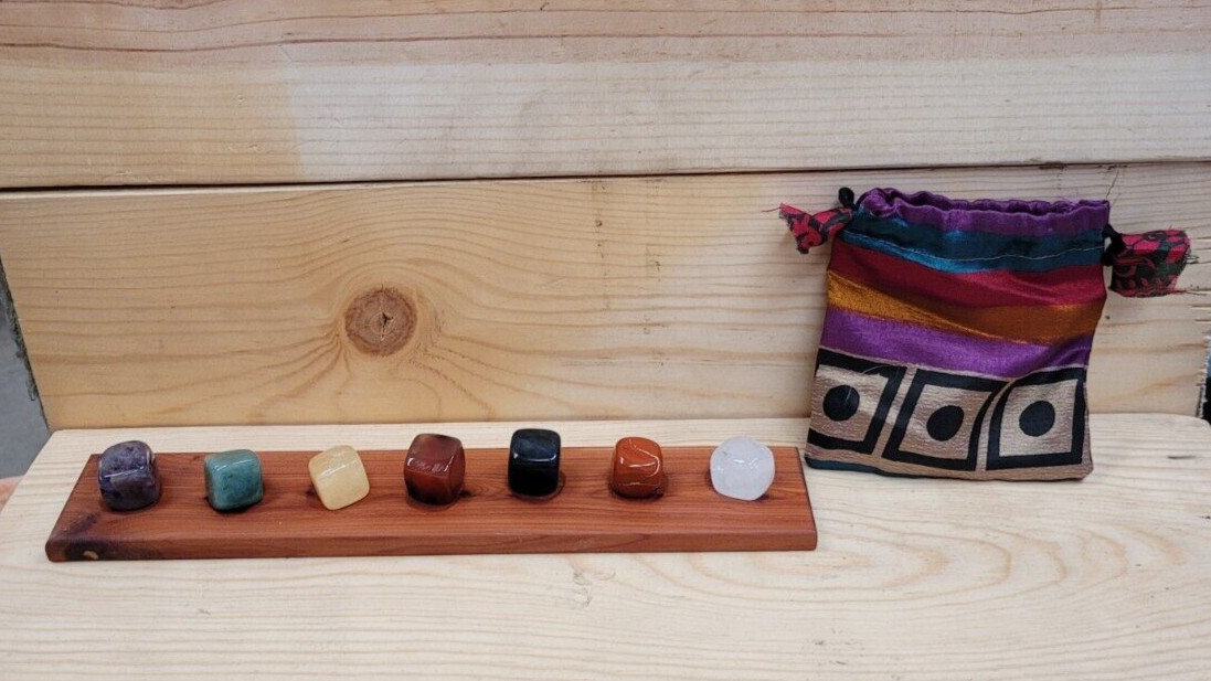 Handmade Wood Base/7 Chakra SquareTumbled Stones/Crystals Set/Pouch/ArtistSigned