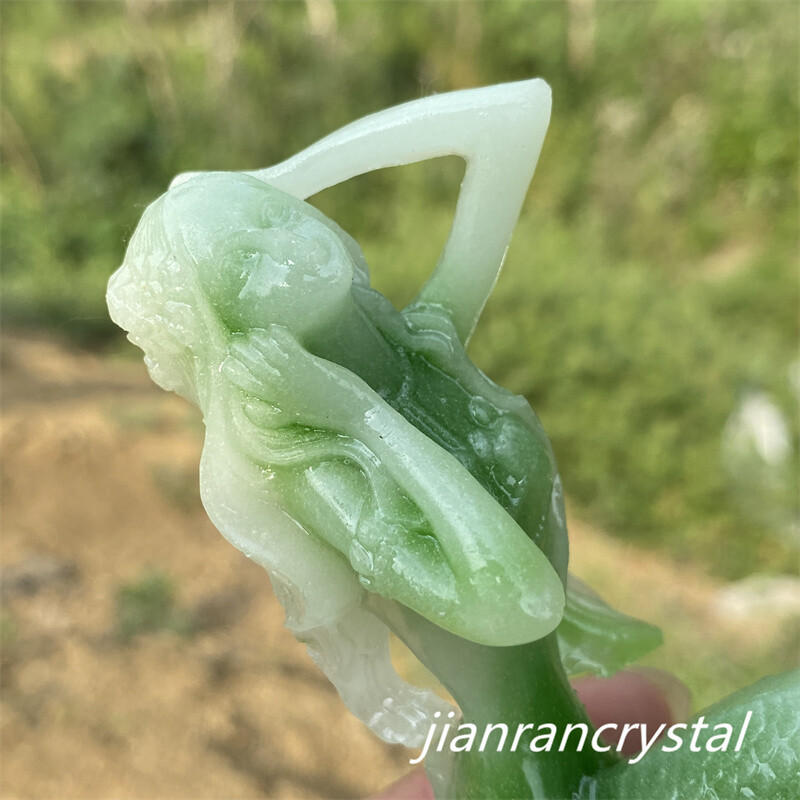 4″ Green Luminous Stone Quartz Hand Carved Mermaid Crystal Skull Reiki Healing