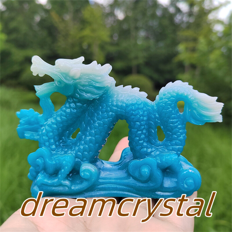 4″ Blue Luminous Stone Sculpture Chinese Dragon Resin Sculpture Skull Gift 1pc