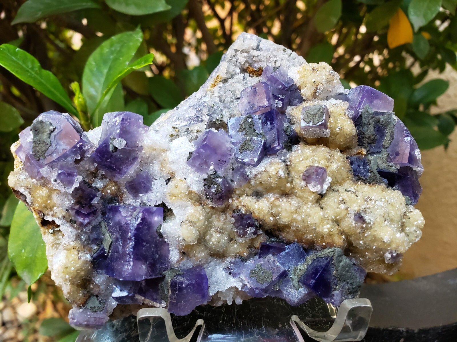 Nigerian Daylight Color-Changing Purple-Grayish Fluorite Quartz Crystal Pyrite