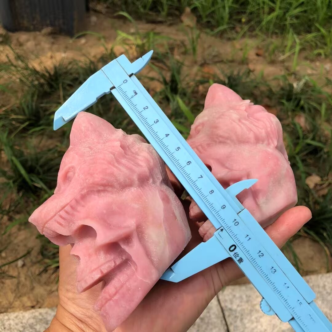 4″ AAA Natural Pink opal Quartz crystal Carved Wolf Skull Reiki Healing Gift 1pc