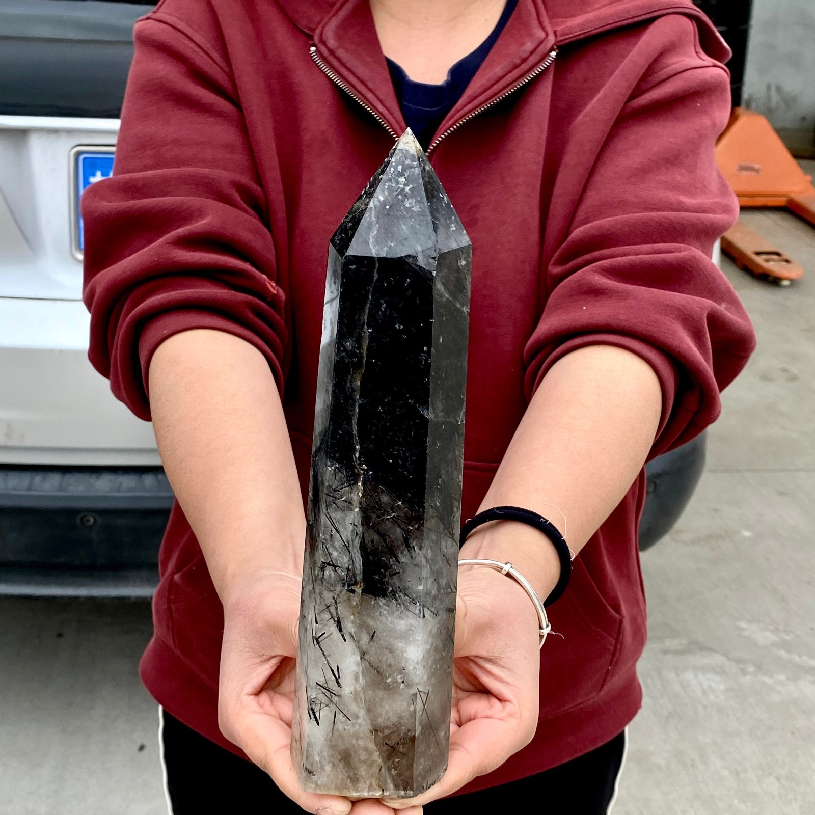 3.4LB Natural Black Hair Quartz Obelisk Crystal Energy Point Wand Reiki Decor