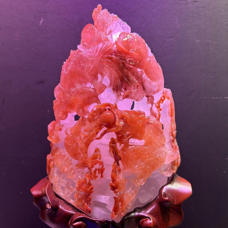 12LB Top Natural Red quartz crystal Dragon + Phoenix Carved Crystal skull Reiki