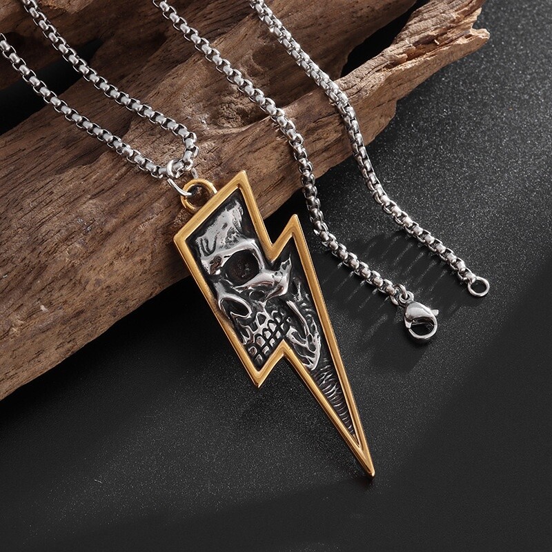 Men’s Fashion Jewelry Silver & Gold Skull Lightning Bolt Pendant Necklace
