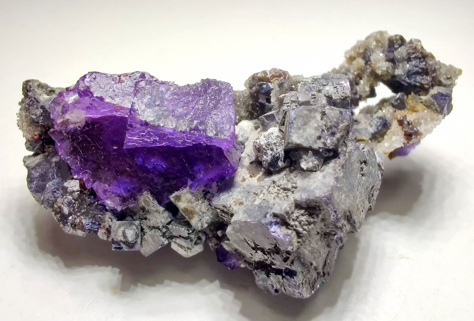Fluorite on Galena, Sphalerite, Quartz crystals. Illinois. 25 grams.