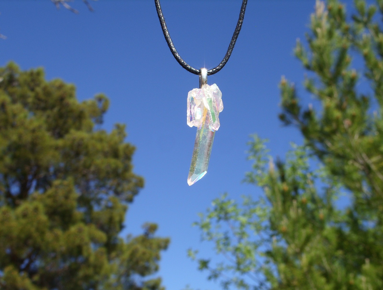 Angel Aura Quartz Twinned Point Crystal Cluster Stone Pendant Necklace