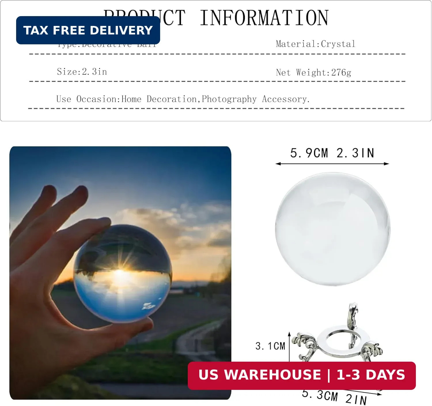 2.3in Sparkling Clear Crystal Ball with Stand 60mm Handcrafted Photography Prop