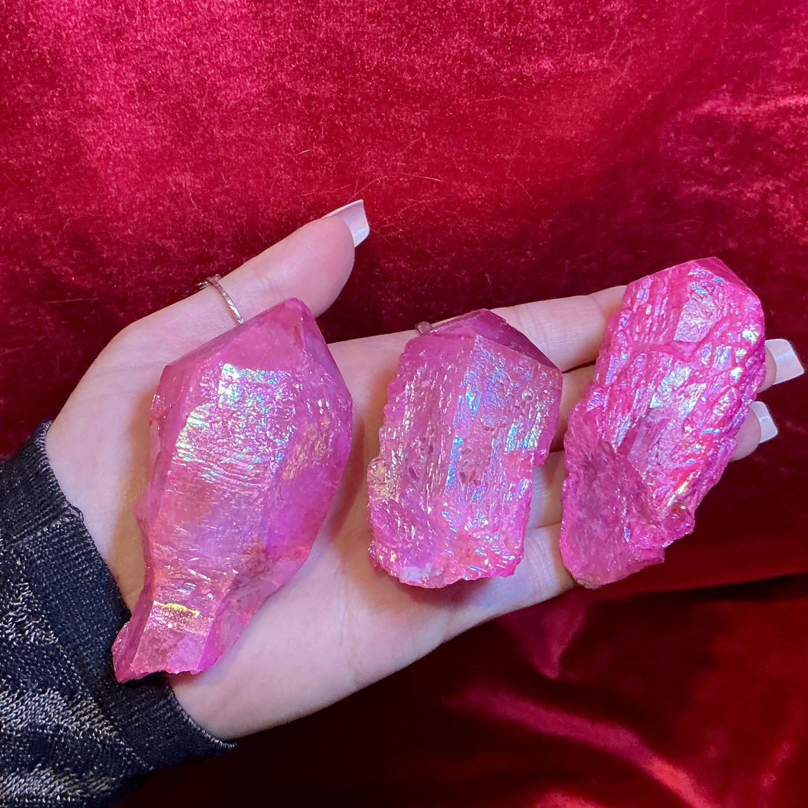 Pink Aura Elestial Quartz Crystal Cluster 3 Piece Set ~ 11 oz. Total Weight