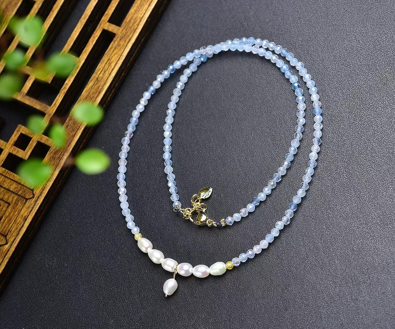 Aquamarine Pearl Necklace Tiny 2.5mm Beaded Healing Delicate Women Crystal