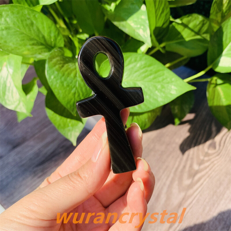 3″+ Natural Quartz Crystal Obsidian point Anka Life Key Life Symbol Cross gift