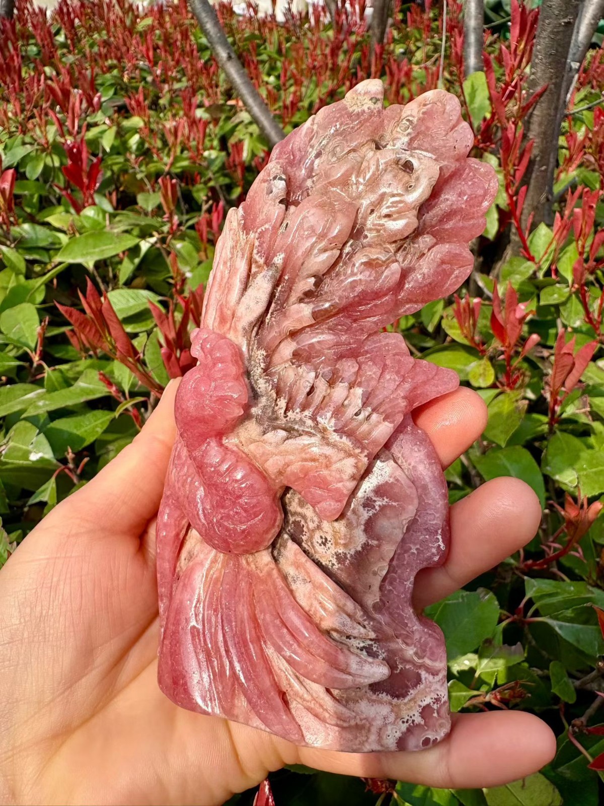 495g Natural Rhodochrosite Quartz Hand Carved phoenix Skull Crystal Reiki Decor