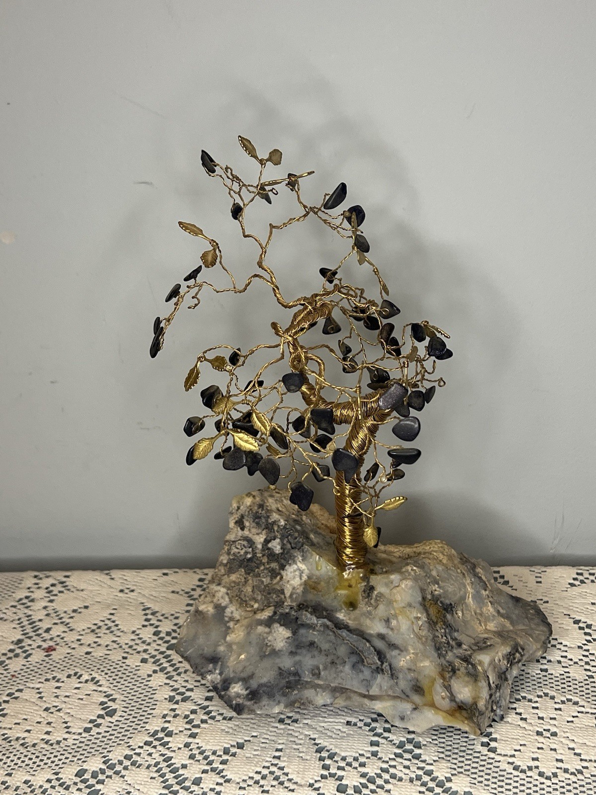 Vintage MCM Gemstone Twisted Brass Wire Tree of Life Bonsai – V3