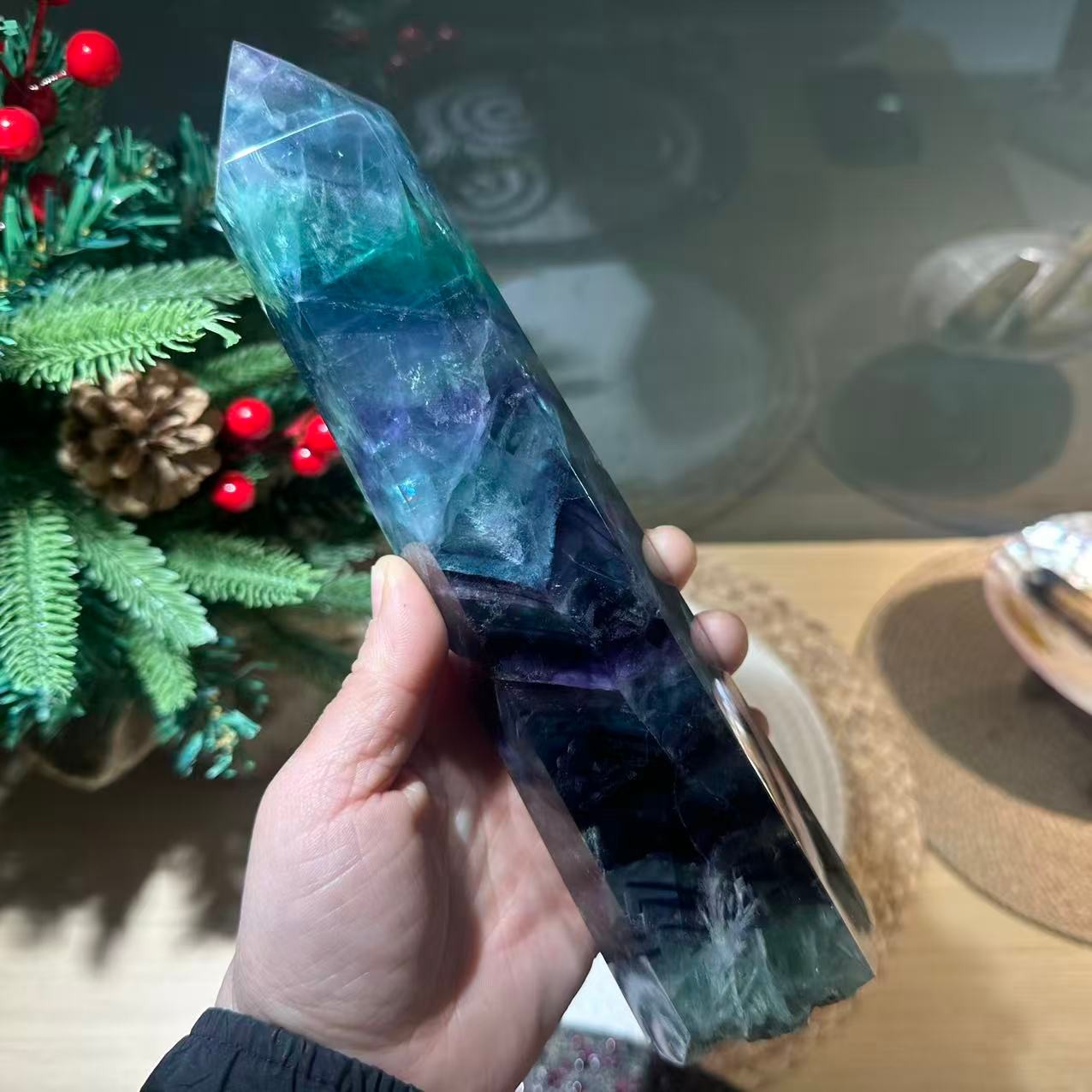 3.14LB 9″ Natural Rainbow Fluorite Tower Obelisk Crystal Healing Quartz Decor