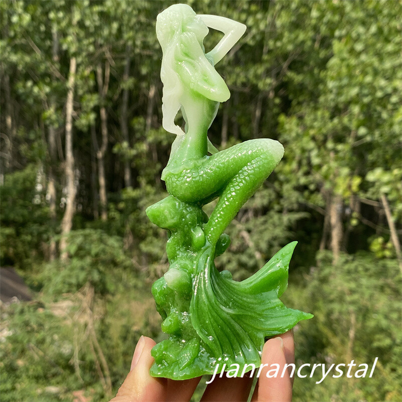 4″ Green Luminous Stone Quartz Hand Carved Mermaid Crystal Skull Reiki Healing