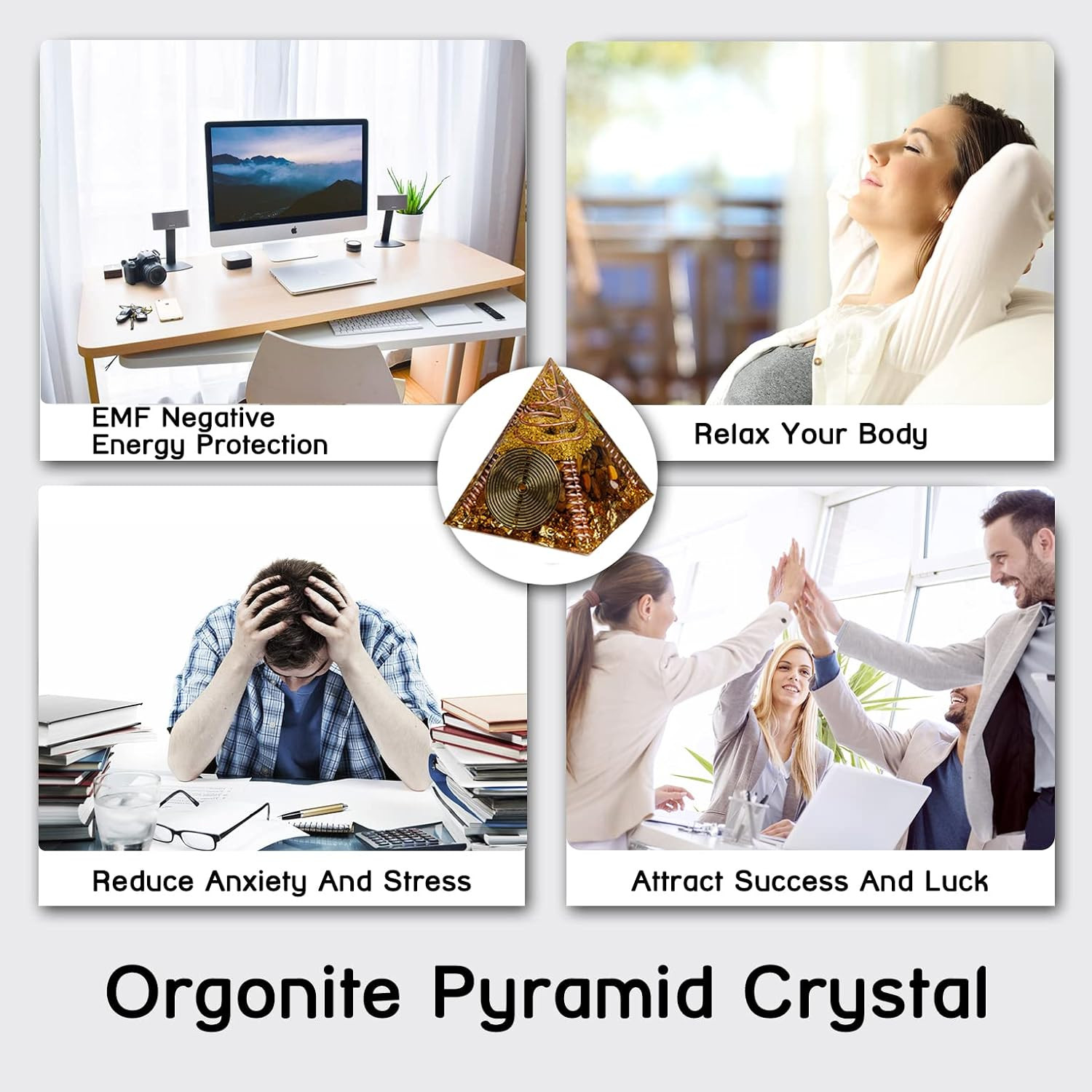 Orgone Pyramid, Small Healing Crystals Pyramid with Tiger’S Eye Stones, Orgonite