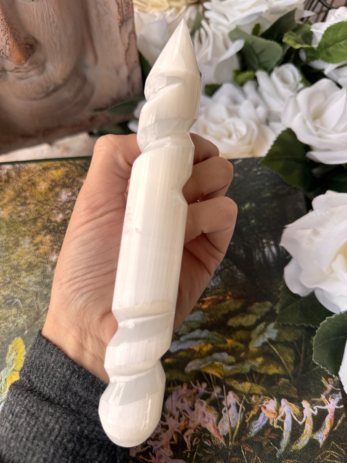 XL 8″ Selenite Spiral Wand Polished Crystal Tower 3.5″ Thick Charging Cleansing